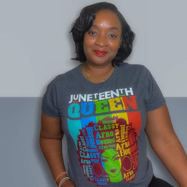 Blogger in Juneteenth queen shirt